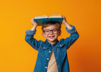 Poster - A young boy with glasses and a blue shirt stands against a yellow background