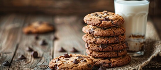 Poster - Delicious cookies and a glass of milk on a rustic wooden backdrop. with copy space image. Place for adding text or design