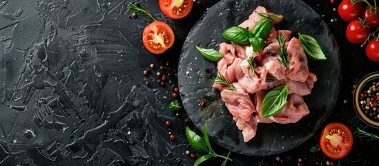 Poster - Minced meat along with other ingredients on a black background Top view with copyspace available The idea of cooking