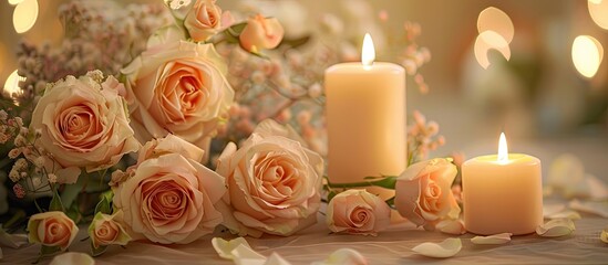 Poster - Lovely beige roses and a lit candle. with copy space image. Place for adding text or design