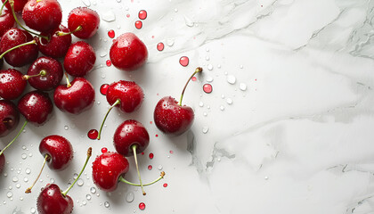 Wall Mural - Fresh ripe cherries with water drops on white marble table, flat lay. Space for text