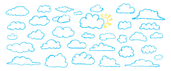 Wall Mural - set of hand drawn by wax pencil clouds. collection of writing by children pastel outline clouds and 