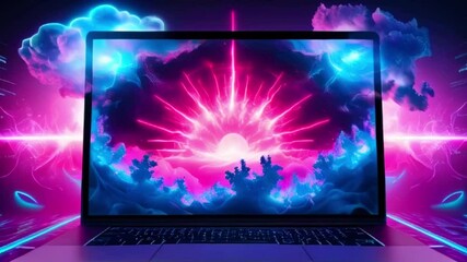 Sticker - A laptop computer on a futuristic neon background with a digital sunrise on the screen.