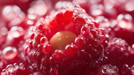 Poster - Close-up of a Dew-Covered Raspberry with a Visible Seed