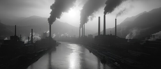 Canvas Print - Industrial Complex With Smoke Plumes Over River