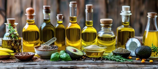Poster - Various cooking oils and ingredients arranged on a wooden table Area for text. with copy space image. Place for adding text or design