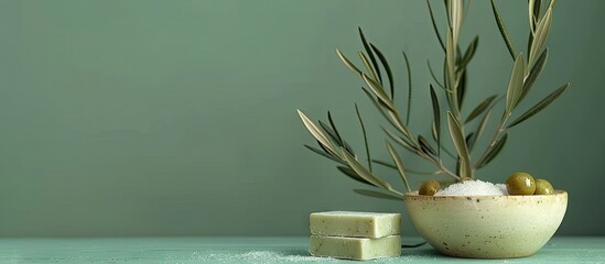 Poster - Olive soap bars and a bowl of sea salt on a colored background. with copy space image. Place for adding text or design