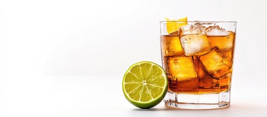 Fototapete - Cocktail with alcohol and a lime set against a white isolated background. with copy space image. Place for adding text or design