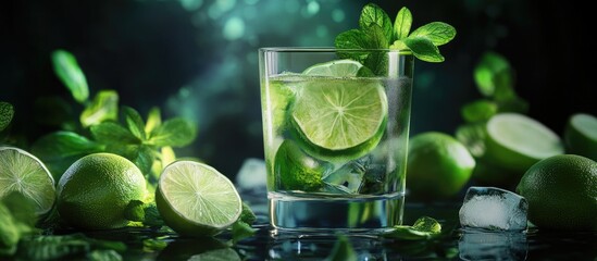 Leinwandbilder - Lime mojito in a clear glass against a dark background Surrounding it are fresh lime slices ice and mint The idea of refreshing summer citrus beverages cocktails and lemonade. with copy space image