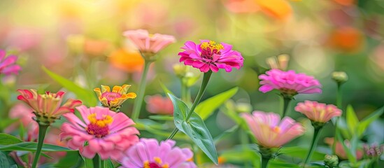Aufkleber - Pink Zinnia Whirligig flower in focused view set against a backdrop of a vibrant flower bed in a countryside garden. with copy space image. Place for adding text or design