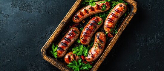 Aufkleber - Grilled sausages are mixed with herbs in a wooden tray Black background Top view. with copy space image. Place for adding text or design