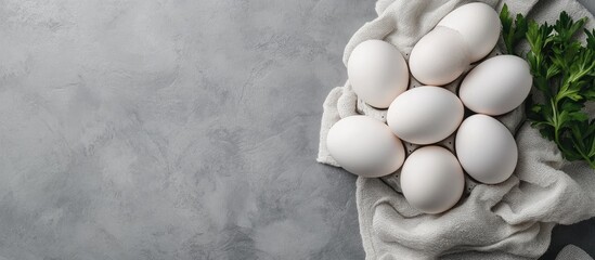 Leinwandbilder - Fresh white eggs on a gray background Top view A rural still life featuring natural organic healthy food with available space. with copy space image. Place for adding text or design