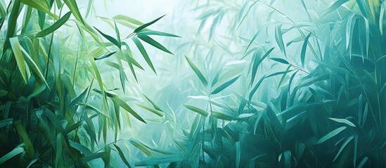 Fototapete - Panoramic background of a green and blue bamboo jungle featuring copy space
