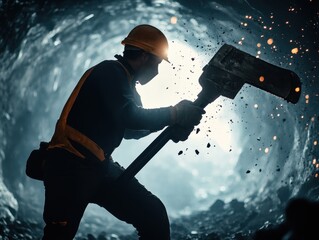 A silhouette of a miner using a heavy tool in a dimly lit underground tunnel, with sparks flying and debris in the air.