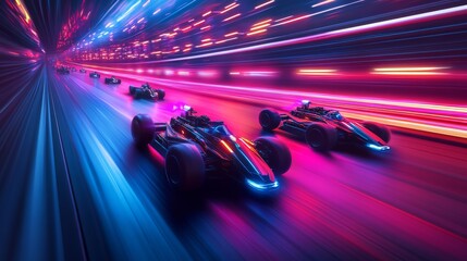 Wall Mural - Autonomous drone racing in futuristic arenas with AI-enhanced navigation: High-speed drones competing in a neon-lit racing track, controlled by AI.