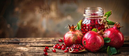 Aufkleber - Ripe pomegranate fruit in a jar on a rustic wooden background. with copy space image. Place for adding text or design