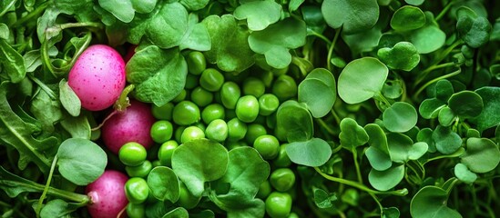 Poster - Food banner Microgreens of green peas and radishes Organic food for a healthy lifestyle Beneficial micronutrients and vitamins for your well being Superfood Diet and healthy eating White background