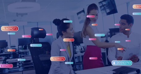 Poster - Animation of social media icons with growing numbers over diverse colleagues using tablet