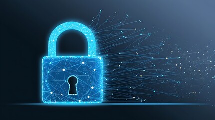 Wall Mural - Digital illustration of a blue padlock symbolizing security, surrounded by interconnected lines and nodes, representing data flow and network security. The modern design focuses on cybersecurity theme