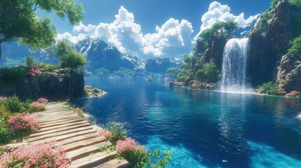 Wall Mural - Tranquil Lake Oasis with Stone Bridge and Waterfall in Verdant Hills