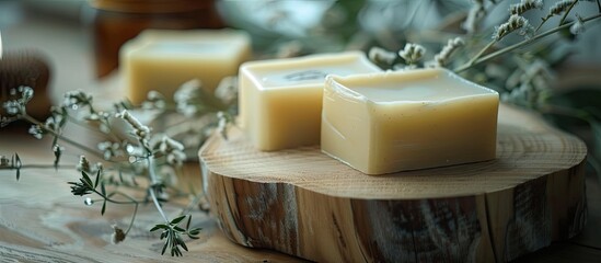 Poster - cosmetic creams and natural soaps on a wooden surface. with copy space image. Place for adding text or design