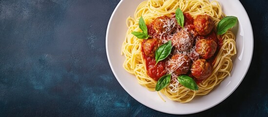 Poster - Homemade Italian pasta or spaghetti with meatballs cheese and tomato sauce served in a white dish on a dark blue tablecloth. with copy space image. Place for adding text or design