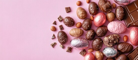 Aufkleber - Banner featuring a chocolate hen surrounded by vibrant sweet eggs wrapped in foil set against a festive pink background for Easter Represents confectionery sweet shop and treats for children Copy spa