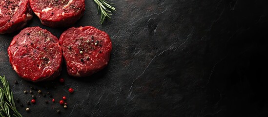 Poster - Meat for burgers grilling barbecue and BBQ Fresh spicy uncooked delicious beef for hamburgers on a dark background with copyspace in close up