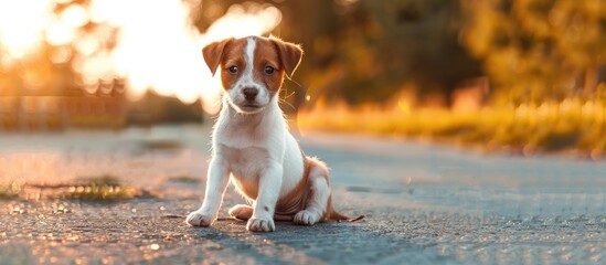 Poster - A cute Jack Russell Terrier dog sits playfully on the sidewalk Pet portrait with selective focus and copyspace for text
