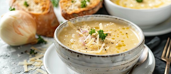 Poster - French onion soup served in a white bowl on a gray concrete surface accompanied by a baguette and parmesan cheese with copy space for text