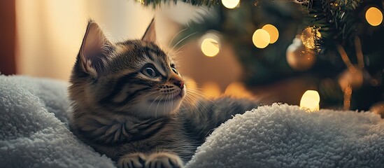 cute little kitten in a Christmas setting up close. with copy space image. Place for adding text or design