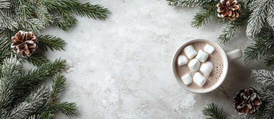 Aufkleber - Christmas backdrop featuring a fir tree hot chocolate and marshmallow Top view with copy space
