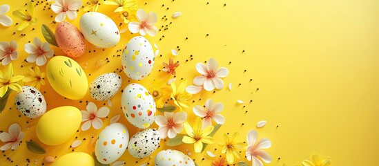 Poster - Easter card featuring flowers and Easter eggs designed like sweets Yellow theme. with copy space image. Place for adding text or design