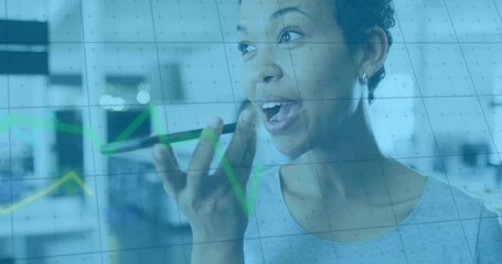 Poster - Animation of financial data processing over biracial businesswoman using smartphone