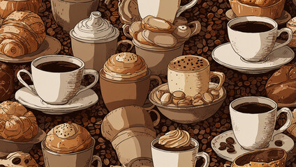 A stylish pattern of tiny, hand-drawn coffee cups, beans, and croissants