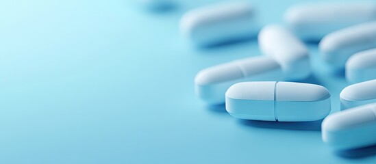 Aufkleber - Extreme closeup of several pills on a blue background with copyspace