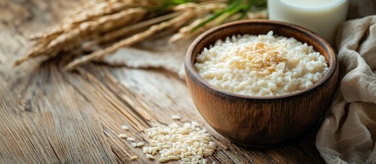 Aufkleber - Vibrant rice cereal in a bowl with a glass of milk on a wooden surface Copyspace Selective focus Square image