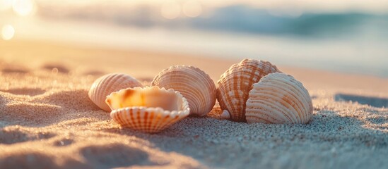 Poster - seashells on the beach on the sand. with copy space image. Place for adding text or design