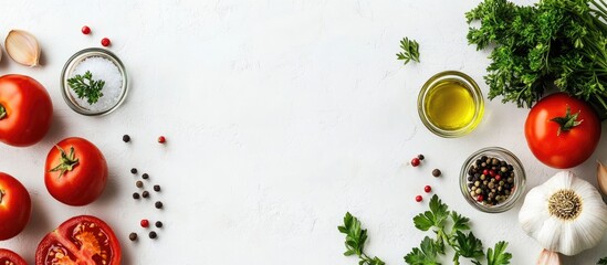 Fototapete - White cooking background featuring essential Italian Mediterranean ingredients tomatoes parsley olive oil salt pepper garlic flat lay on a white table top view copyspace