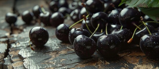 Poster - Close up of fresh black cherries on a wooden surface. with copy space image. Place for adding text or design