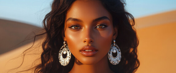 Canvas Print - An enchanting beauty with dark hair and tan skin, wearing earrings that catch the light in an oasis surrounded by endless dunes under soft sunlight