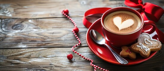 Poster - Coffee cup spoon multicolored bow and a heart shaped gingerbread featuring a romantic note on a dark wooden background Valentine s Day concept Top view with copyspace