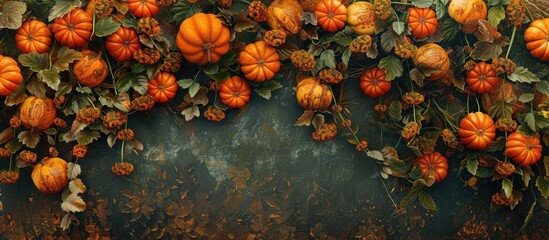 Thanksgiving or autumn greeting background featuring pumpkins and autumn leaves Copyspace