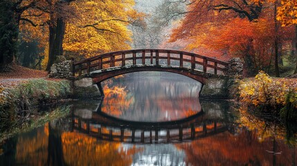 A rustic bridge over a river with autumn trees reflecting in the water.