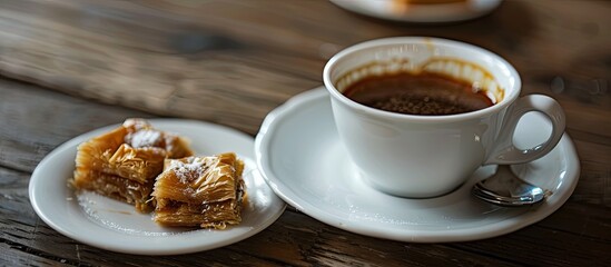 Wall Mural - A cup of Turkish coffee alongside baklava Selective focus Beverage. with copy space image. Place for adding text or design