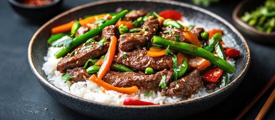 Poster - Chinese cuisine featuring stir fried green beans and beef accompanied by rice and tea. with copy space image. Place for adding text or design