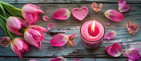 Canvas Print - Fresh pink tulip blooms hearts and a lit candle on a rustic wooden surface. with copy space image. Place for adding text or design