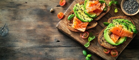 Poster - Whole grain rye bread toast topped with salmon and avocado set against a wooden table background A nutritious avocado sandwich ideal for breakfast or lunch Flat lay top view copy space