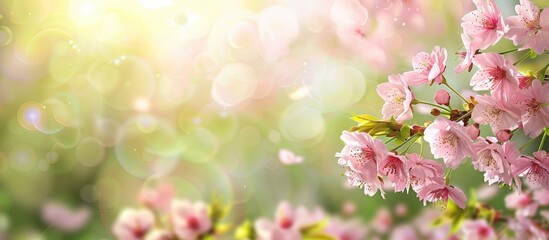 Aufkleber - Beautiful natural setting featuring pink sakura flowers and stunning Cherry Blossom against a green blurred backdrop on a sunny Easter day. with copy space image. Place for adding text or design