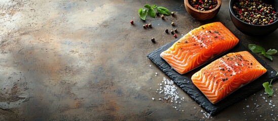 Leinwandbilder - Slightly salted salmon ready to eat fresh portion healthy dietary meal food still life snack on the table copyspace food background rustic top view suitable for keto or paleo pescatarian diets